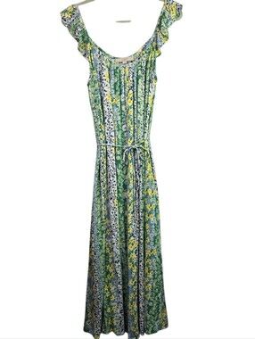 LOFT Size S Scoop Neck Maxi Dress With Cascading Floral Print, Tie Belt